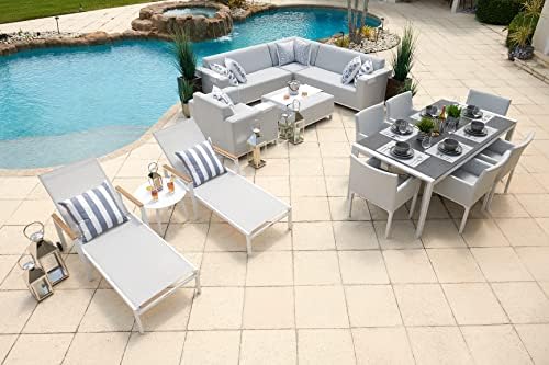 Milan 15-Piece Aluminum Outdoor Patio Furniture Combination Set in Light Gray w/Sectional Set, Six-seat Dining Set, and Chaise Lounge Set post thumbnail image