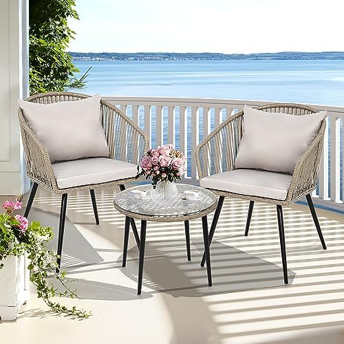 YITAHOME 3-Piece Outdoor Patio Furniture Wicker Bistro Set, All-Weather Rattan Conversation Chairs for Backyard, Balcony and Deck with Soft Cushions, Glass Side Table Gray post thumbnail image