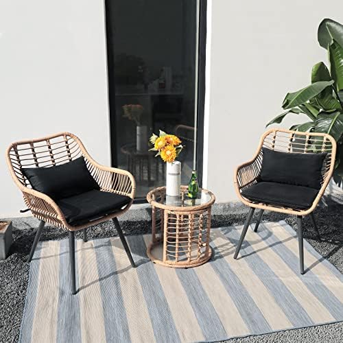 JOIVI 3 Piece Outdoor Wicker Furniture Bistro Set, Patio Rattan Conversation Set with Round Glass Top Coffee Side Table, Cushions and Lumbar Pillows for Porch, Backyard, Deck post thumbnail image