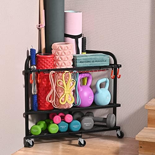 PLKOW Yoga Mat Storage Rack, Home Gym Storage Rack for Yoga Mat, Foam Roller, Resistance Bands, Yoga Block and Dumbbells, Rolling Workout Storage Rack with Wheels and Hooks, Powder Coated Finish Steel post thumbnail image