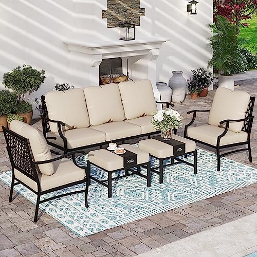 SUNSHINE VALLEY 7 Person Patio Conversation Sets 5 Piece Outdoor Furniture Set Metal Sofa Set for 5, 3-Seat Sofa, 2 Fixed Chairs and 2 Ottoman with 5.75″ Thick Upgrade Cushion, Beige post thumbnail image