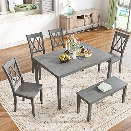 Harper & Bright Designs 6-Piece Dining Set with Bench, Kitchen Table Set with Wood Table, Bench and 4 Cross Back Dining Chairs, Graywash post thumbnail image