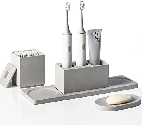 Bathroom Accessory Set Grey, Diatomite, Bathroom Accessories Countertop Complete with Electric Toothbrush Holders, Soap Dish Set post thumbnail image