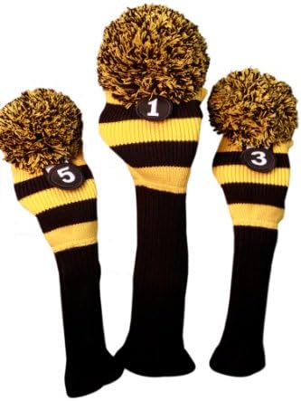 Majek Golf Club Head Covers Black and Yellow Limited Edition Throwback Long Neck Knit Retro Pom Pom Traditional Classic Vintage Old School Ultimate 460cc Driver Fairway Wood Golf Head Cover Stripe Set post thumbnail image