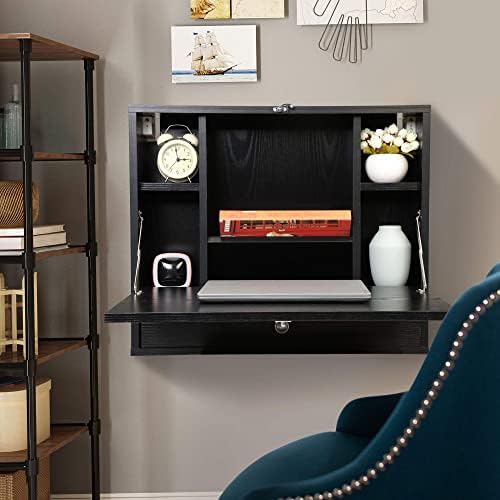 Sandinrayli Wall Mounted Desk, Fold Down Desk, Home Office Wooden Floor Type Floating Computer Desk with Drawer Storage Shelf and Partition, Black post thumbnail image