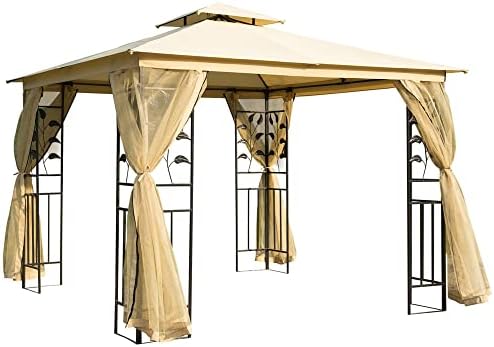 Outsunny 10′ x 10′ Metal Patio Gazebo, Double Roof Outdoor Gazebo Canopy Shelter with Tree Motifs Corner Frame and Netting, for Garden, Lawn, Backyard, and Deck, Beige post thumbnail image