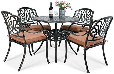 VIVIJASON 5-Piece Outdoor Patio Dining Set, All-Weather Cast Aluminum Conversation Set, Patio Furniture Set for Balcony Lawn Garden, Include 4 Cushioned Chairs, a 35.4 inch Round Table w/Umbrella Hole post thumbnail image