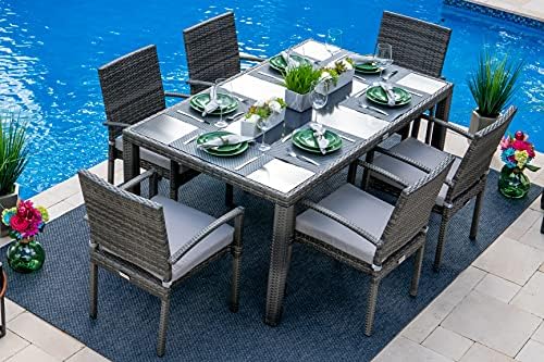 Bari 7-Piece Resin Wicker Outdoor Patio Furniture Dining Set in Mixed Gray w/Dining Table and Six Cushioned Chairs post thumbnail image