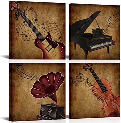 VVOVV Wall Decor 4 Pieces Music Instrument Wall Art Vintage Piano Guitar Violin Musical Painting Picture Canvas Prints, Framed Ready to Hang post thumbnail image