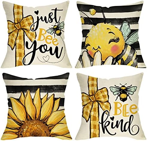 Fjfz Spring Bumble Bee Sunflower Decorative Throw Pillow Covers 18×18 Set of 4, Summer Farmhouse Black White Stripe Porch Patio Home Decor, Yellow Buffalo Plaid Check Quote Outdoor Couch Cushion Case post thumbnail image