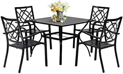 SUNCROWN 5-Piece Outdoor Wrought Iron Chairs and Table Patio Dining Furniture Set – 4 Stackable Metal Chairs, 1 Steel Slat Bistro Table for Garden Backyard Deck post thumbnail image