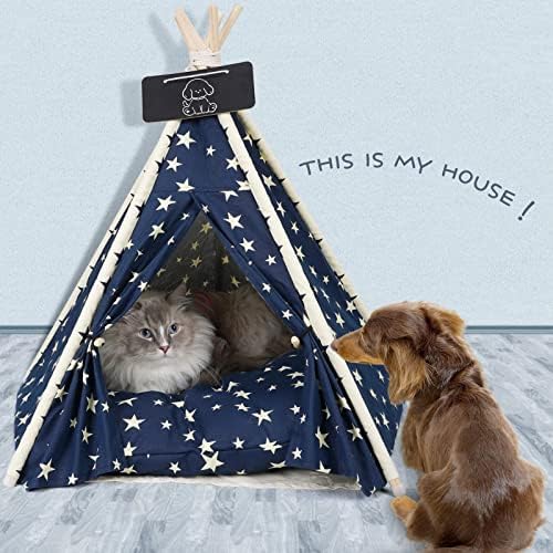 zycBernoi Pet Teepee Tent for Small Dogs & Cats, 24 Inch Portable Dog House with Thick Cushion, Cat Teepee Washable Tent Dog Teepee Bed Indoor Outdoor(Blue Stars) post thumbnail image