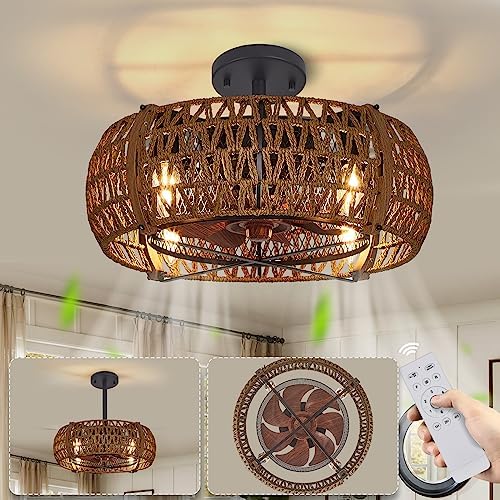 SADENICEL Farmhouse Caged Fan with Lights Remote Control, 17 Inch Low Profile Bedroom Fans, Rustic Ceiling Fans for Kitchen, Dining Room (Antique Wood-EB) post thumbnail image