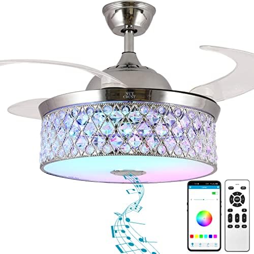 NUTCRUST Bluetooth Ceiling Fan with Light and Speaker, Retractable Ceiling Fan Chandelier with Remote Control, 6 Speeds Reversible Blade Smart Ceiling Fan Silver post thumbnail image