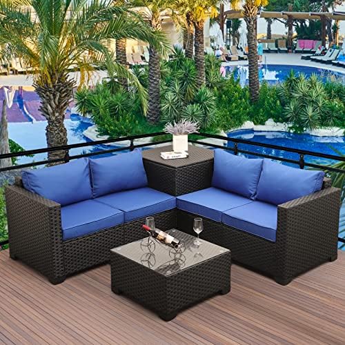 Outdoor PE Wicker Furniture Set 4 Piece Patio Black Rattan Sectional Loveseat Couch Set Conversation Sofa with Storage Box Glass Top Table and Non-Slip Royal Blue Cushion post thumbnail image