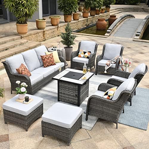 XIZZI Outdoor Furniture Patio Furniture Set 8 Pieces All Weather Wicker Conversation Set with Propane Fire Pit Table and Ottomans for Garden,Backyard and Deck,Grey Wicker Grey Cushion&Fire Table post thumbnail image