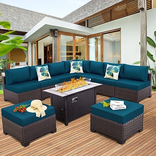 Outdoor Patio Dark Brown Rattan 10 Piece Sectional Furniture Set PE Wicker Conversation Sofa with 45″ Gas Fire Pit Table and Non-Slip 5″ Thick Peacock Blue Cushion post thumbnail image