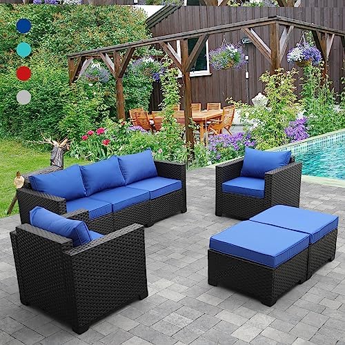 Outdoor Wicker Furniture Couch Set 5 Pieces, Patio Furniture Sectional Sofa with Royal Blue Cushions and Furniture Covers, Black Rattan post thumbnail image