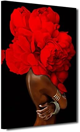 African American Wall Art Red Flower on Black Women Head Vintage Canvas Art Paintings Modern Abstract Girl Picture Home Wall Decor for Bedroom Living Room, Framed Ready to Hang (Red, 24x36inch) post thumbnail image