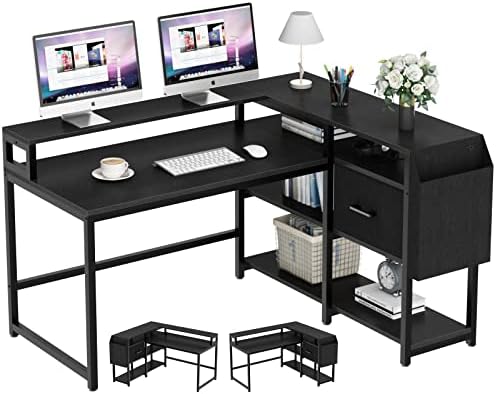 Loomie Reversible L Shaped Computer Desk with Drawer, 55″ W x 41″ D Industrial Corner Desk with 4 Tier Shelves & Monitor Stand and Storage Bag, Study Table for Home Office, Black post thumbnail image