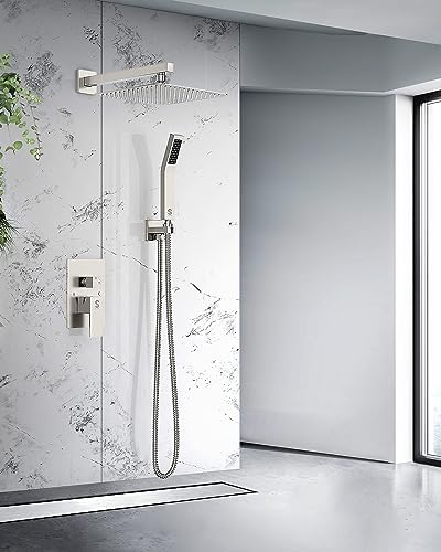 SR SUN RISE 12 Inches Bathroom Luxury Rain Mixer Shower Combo Set Wall Mounted Rainfall Shower Head System Brushed Nickel Finish Shower Faucet Rough-In post thumbnail image