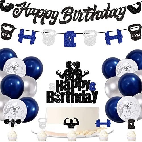 Gym Happy Birthday Party Decoration Blue Silver Fitness Themed Birthday Decor Banner Glitter Weight Lifting Theme Party Supplies with Cake Toppers Cupcake Toppers Balloons for Men Boys Fitness Lovers post thumbnail image