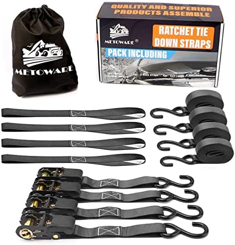 Ratchet Straps Tie Down – 1764lb Break Strength – 4PK 1’’ x 15’ Rachet Tie Downs with Padded Handle, Coated S Hook, Soft Loop, Storage Bag for Moving Cargo, Lawn Equipment, Motorcycle (Black) post thumbnail image