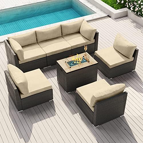 MODENZI Patio Furniture Outdoor Sectional with Propane Fire Pit Table Espresso Brown Wicker Resin Garden Conversation Sofa Set (Light Beige) post thumbnail image