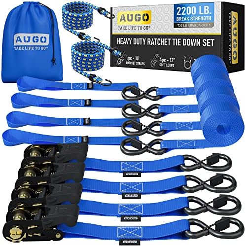 AUGO Ratchet Tie Down Straps –4 PK– 15 FT – 2,200 LB Break Strength – Safety Lock S Hooks –for Moving Cargo, Appliances, Lawn Equipment, Motorcycle – Includes 2 Bungee Cords, 4 Soft Loops, Storage Bag post thumbnail image