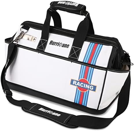 HURRICANE 16 inch Wide Mouth Tool Bag with Water Proof Molded Base with Extra Shoulder Strap, Upgrade Version, Racing theme-White, Multi Pockets, Large Inner Space post thumbnail image