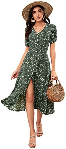 Floerns Women’s Floral Print V Neck Button Front Short Sleeve Split A Line Midi Dress post thumbnail image