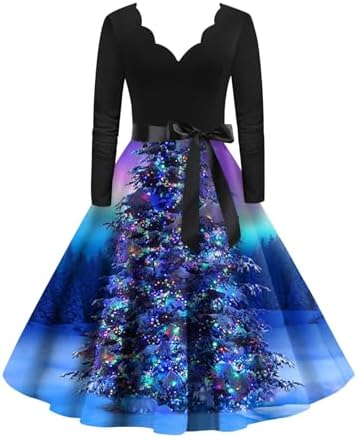 Christmas Sexy Dresses for Women Xmas Tree Print Dress Long Sleeve V-Neck A-Line Cocktail Midi Dresses with Belt post thumbnail image