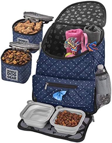 Mobile Dog Gear, Dog Travel Bag, Deluxe Quilted Weekender Backpack, Includes Lined Food Carriers and 2 Collapsible Dog Bowl, Navy and White post thumbnail image