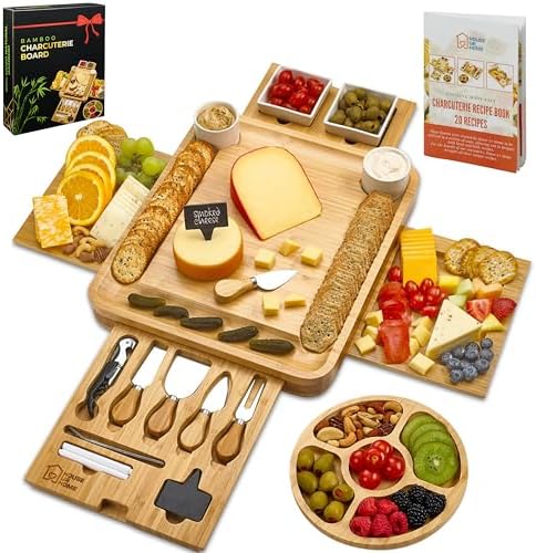 Large Charcuterie Board Set – Bonus Recipe Book – 2 Ceramic Bowls & Plates, 4 Magnetic Drawers Bamboo Cheese Knife Set, Round Tray – Christmas & Housewarming Gifts post thumbnail image