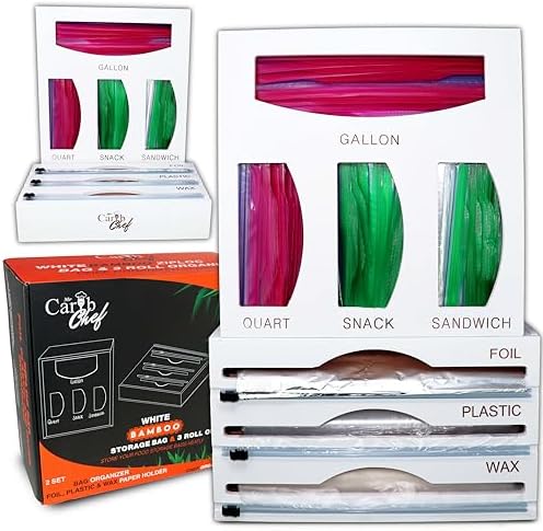 Mr Carib Chef White Bamboo Storage Bag Organizer for Kitchen Drawer Foil and Plastic Wrap Dispenser with Cutter Fits Snack, Sandwich, Quart and Gallon Bags 7 in 1 Baggie Organizer post thumbnail image