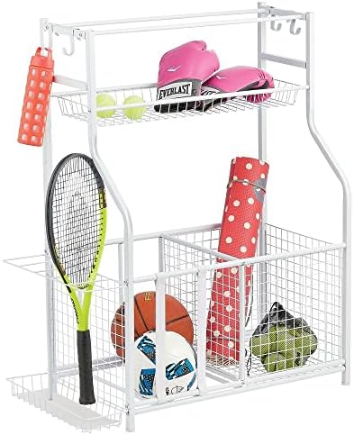 mDesign Metal Heavy Duty Garage Storage System Rack with Top Shelf, Multi-Purpose Sporting Goods Storage with Multiple Compartments, Baskets and Hooks – Holds Equipment, Balls, Bats – Matte White post thumbnail image