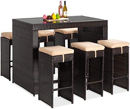 Best Choice Products 7-Piece Outdoor Wicker Bar Dining Set, Rattan Patio Furniture for Backyard, Garden w/Glass Table Top, 6 Stools, Removable Cushions – Brown/Beige post thumbnail image