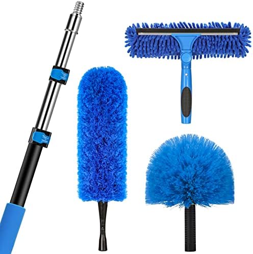 20 Feet High Reach Duster Kit with 5-12 Ft Extension Pole, Cobweb Duster with Telescoping Pole, Window Squeegee with Scrubber, Spider Web Brush, High Ceiling Fan Duster for High Window, Interior Roof post thumbnail image