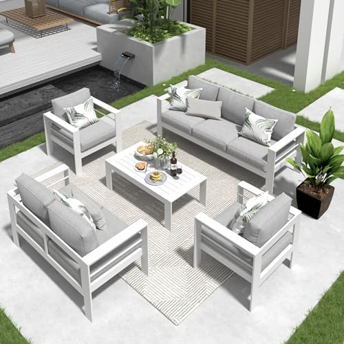 Solaste Aluminum Patio Furniture Set,5 Pieces Modern Outdoor Conversation Set Sectional Sofa with Upgrade Cushion and Coffee Table,White post thumbnail image