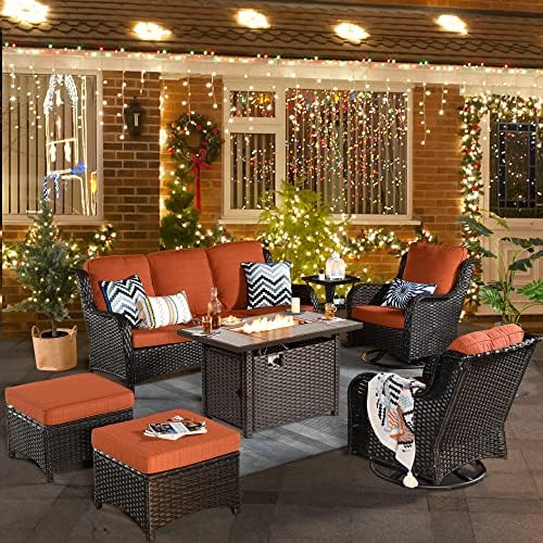 XIZZI Patio Furniture Sets Outdoor Swivel Rocking Chairs with 50,000 BTU Propane Fire Pit Table 7 Pieces All Weather PE Wicker Conversation Sofa and Matching Side Table,Brown Rattan Orange Red post thumbnail image