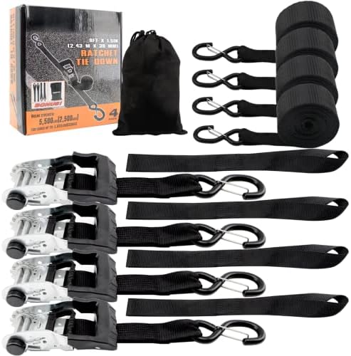 Ratchet Strap Tie Down Strap – Heavy Duty Ratchet Strap 5500lbs Break Strength, Ratchet Strap Set for Moving Appliances, Lawn Equipment, Motorcycle, 1.5in x 8ft, 4 Pack & 4 Soft Loops, Black, TUMAX post thumbnail image