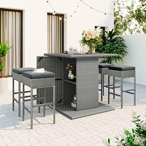 Merax 5 Piece Rattan Outdoor Patio Dining Table Set with 4 Stools/Bar Height Chairs and Storage Shelf for Poolside, Garden, Gray post thumbnail image