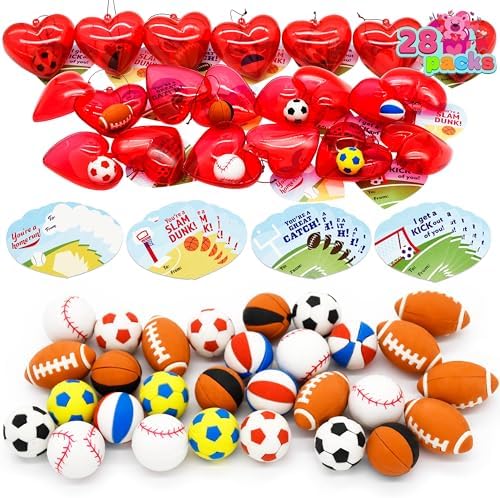 JOYIN 28 Pack Valentines Day Card Gifts for Kids, Sports Balls Eraser Filled Hearts and Valentine Cards for Kids School Classroom Exchange Heart Valentine Eraser for Kids Valentine Prizes post thumbnail image