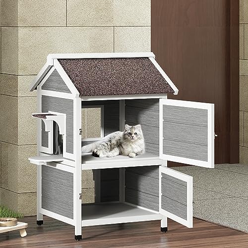 SDHYL Gray Outdoor Cat House, Durable Shelter for Cats, 2-Story Wooden Cat Condo with Weatherproof Design, Ideal for 2-3 Kitties, Includes Escape Door for Added Safety post thumbnail image