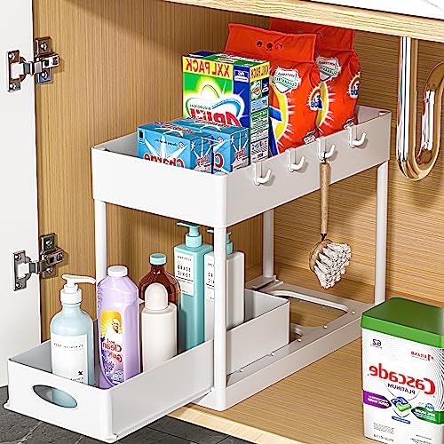 PUILUO Under Sliding Cabinet Basket Organizer, 2 Tier Under Sink Organizers White Under Sink Storage for Bathroom Kitchen post thumbnail image