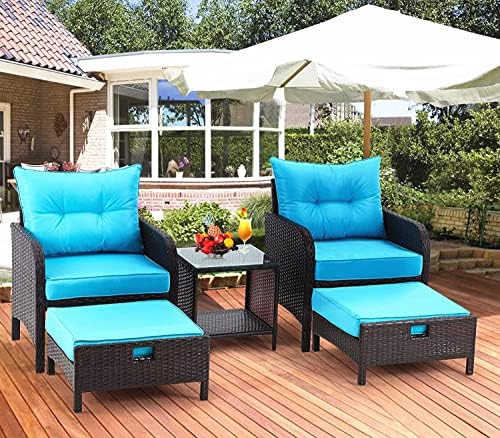 AVAWING 5 Pieces Patio Furniture Set, Outdoor Rattan Chairs with Tempered Glass Coffee Table, Ottomans & Soft Cushions, Wicker Conversation Bistro Set for Garden, Porch, Deck, Balcony (Blue) post thumbnail image