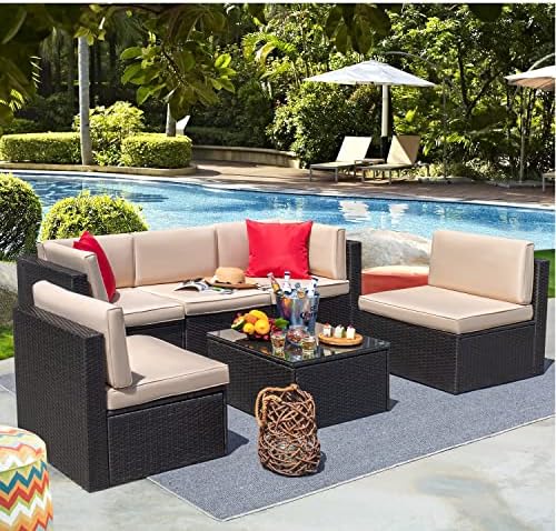 Devoko Patio Furniture Sets 6 Pieces Outdoor Sectional Rattan Sofa Manual Weaving Wicker Patio Conversation Set with Glass Table and Cushion (Beige) post thumbnail image