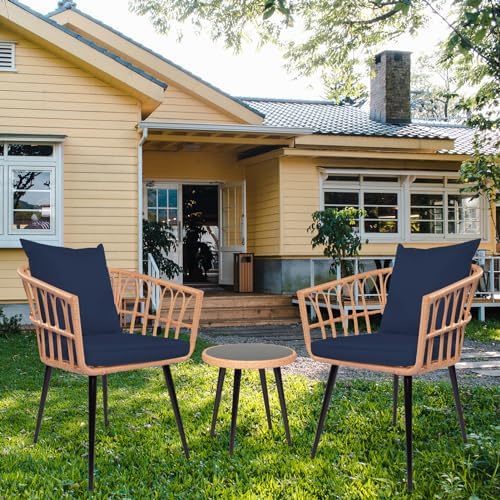 Koruiten 3-Piece Patio Bistro Sets, Outdoor Wicker Dining Conversation Furniture Sets with Cushions, Tempered Glass Side Table and 2 Patio Porch Chairs for Balcony, Backyard (Dark Blue) post thumbnail image