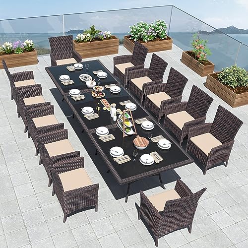 Delnavik 15pcs Patio Outdoor Dining Set, Wicker Patio Furniture Set of 8 Rattan Chairs with Soft Cushions and Two Square Table with Umbrella Cutout, Sand post thumbnail image