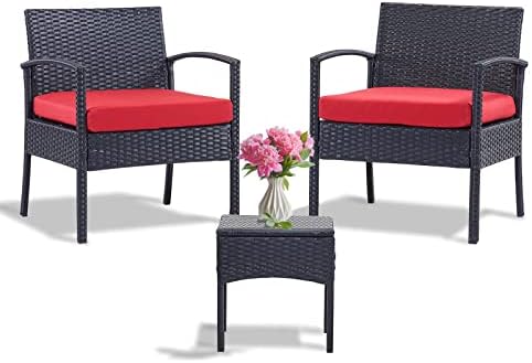 Outdoor Chairs Set Bistro Set 3 Pieces Patio Conversation Set Furniture Set for Small Balcony Rattan Chairs and Table with Cushions Red post thumbnail image